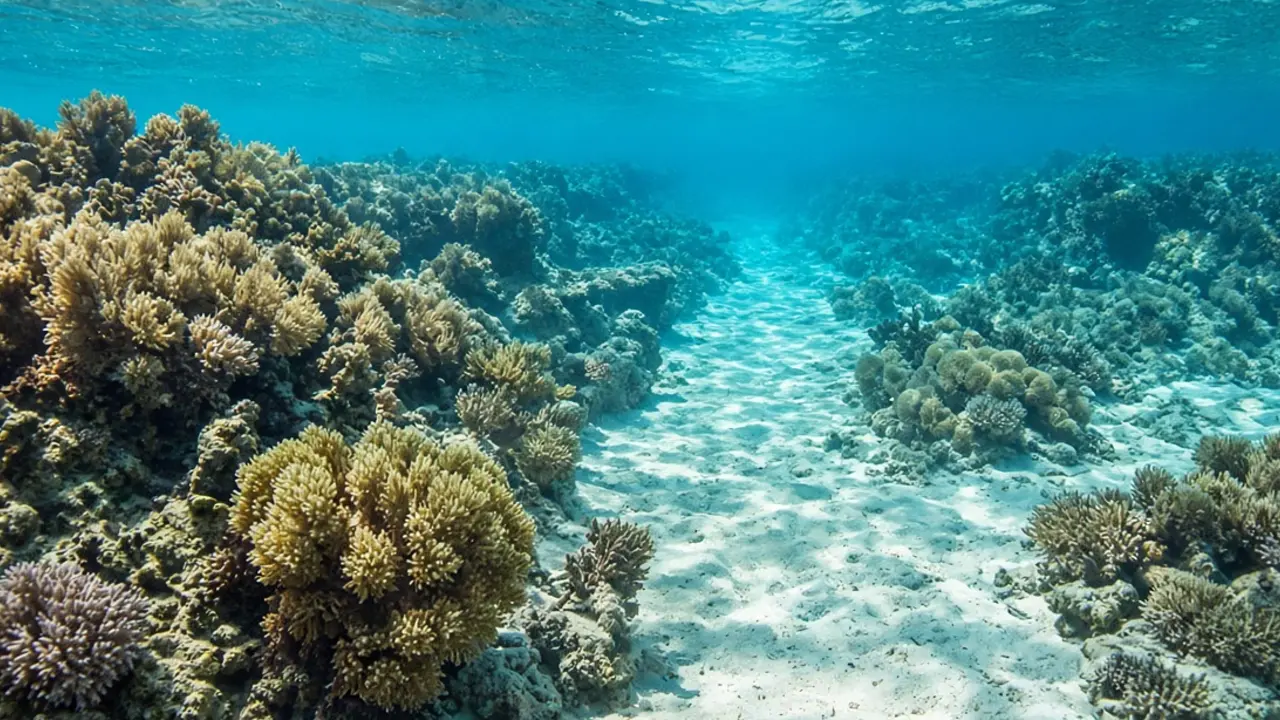 A diver beside a coral head in open blue water